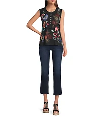 JOHNNY WAS Embroidered Floral Cotton Knit Raw Edge Detail Round Neck Henley Sleeveless Tank