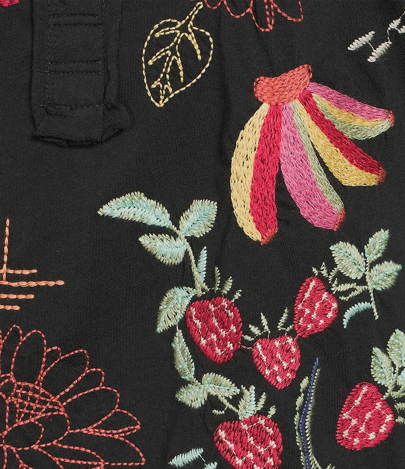 JOHNNY WAS Embroidered Floral Cotton Knit Raw Edge Detail Round Neck Henley Sleeveless Tank