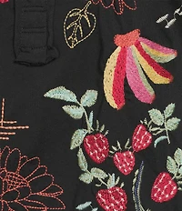 JOHNNY WAS Embroidered Floral Cotton Knit Raw Edge Detail Round Neck Henley Sleeveless Tank