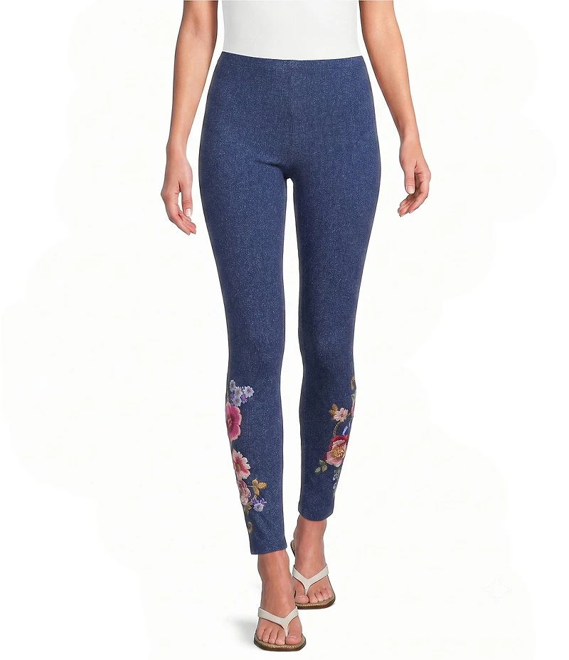 JOHNNY WAS Embroidered Floral Hem Pull-On Knit Leggings
