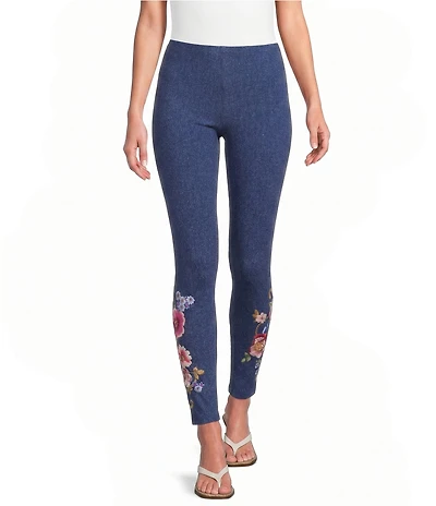 JOHNNY WAS Embroidered Floral Hem Pull-On Knit Leggings