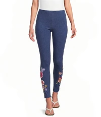 JOHNNY WAS Embroidered Floral Hem Pull-On Knit Leggings