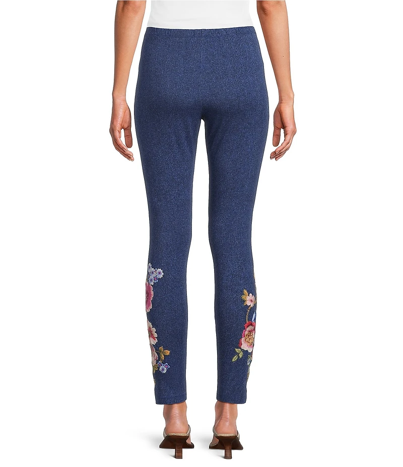 JOHNNY WAS Embroidered Floral Hem Pull-On Knit Leggings