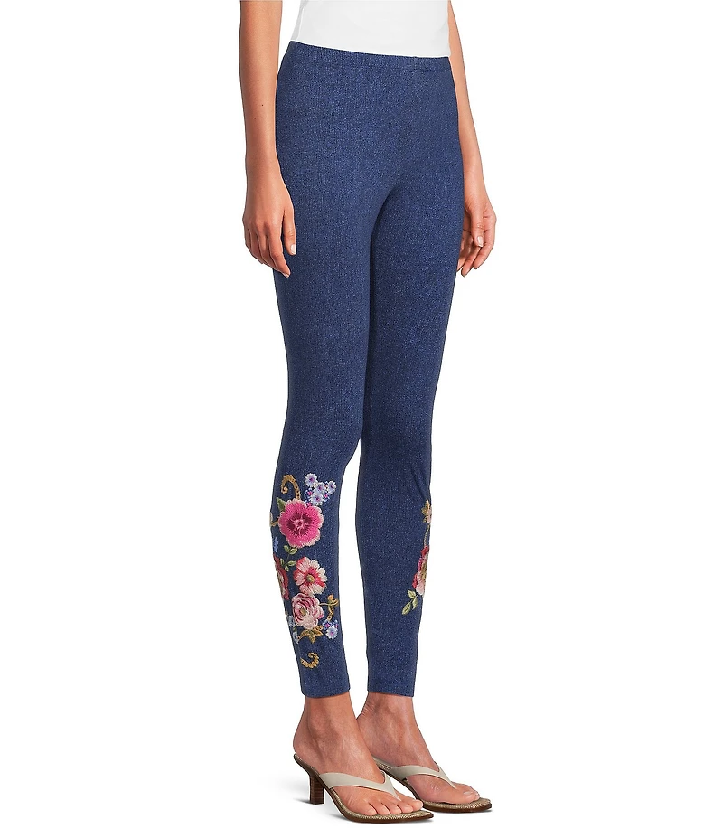 JOHNNY WAS Embroidered Floral Hem Pull-On Knit Leggings