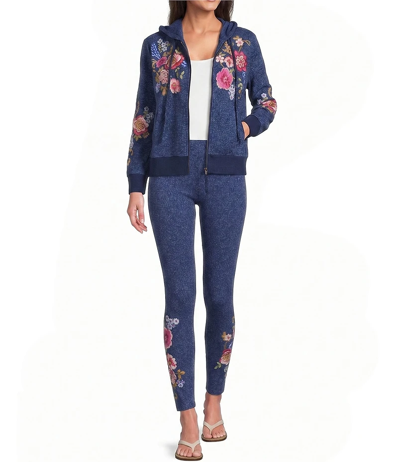 JOHNNY WAS Embroidered Floral Hem Pull-On Knit Leggings