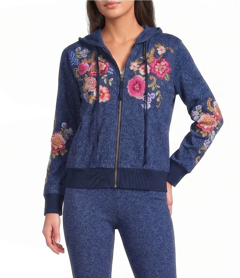 JOHNNY WAS Embroidered Floral Long Sleeve Modern Zip-Up Hoodie