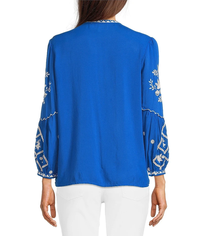 JOHNNY WAS Embroidered Floral Round Neck Long Puff Sleeve Button Front Blouse