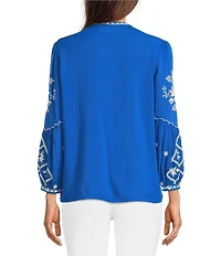 JOHNNY WAS Embroidered Floral Round Neck Long Puff Sleeve Button Front Blouse