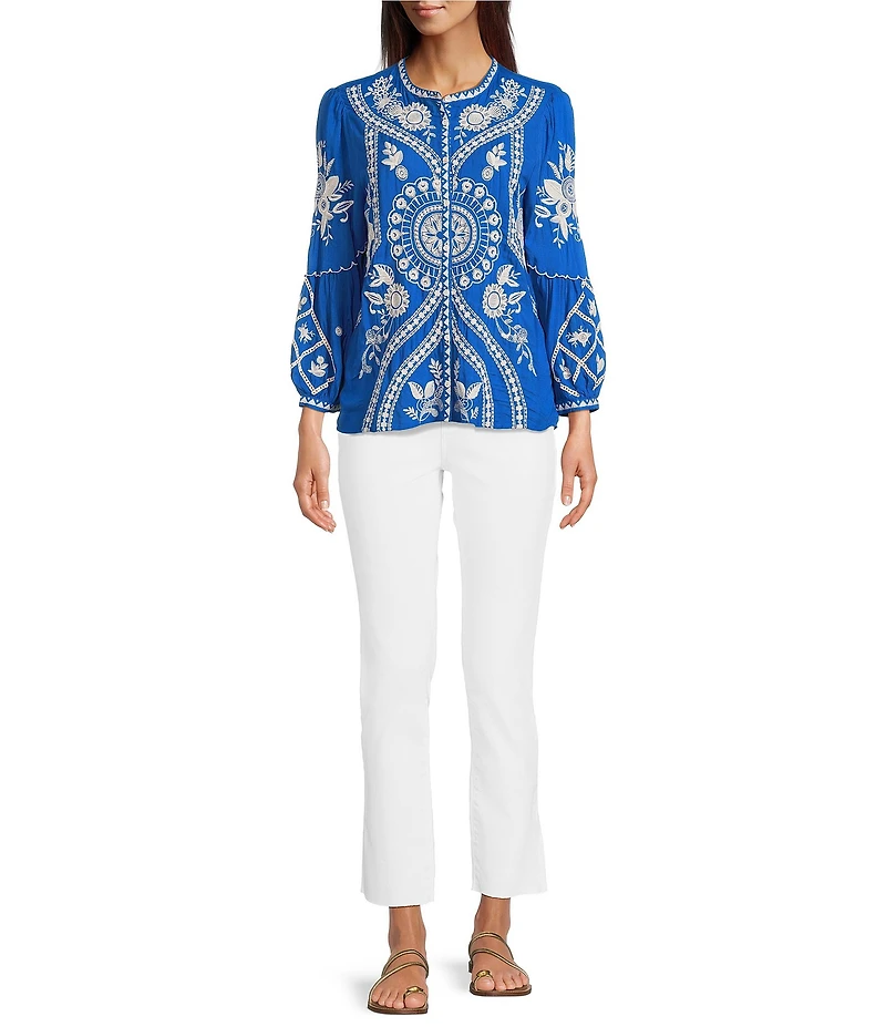 JOHNNY WAS Embroidered Floral Round Neck Long Puff Sleeve Button Front Blouse
