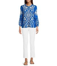 JOHNNY WAS Embroidered Floral Round Neck Long Puff Sleeve Button Front Blouse