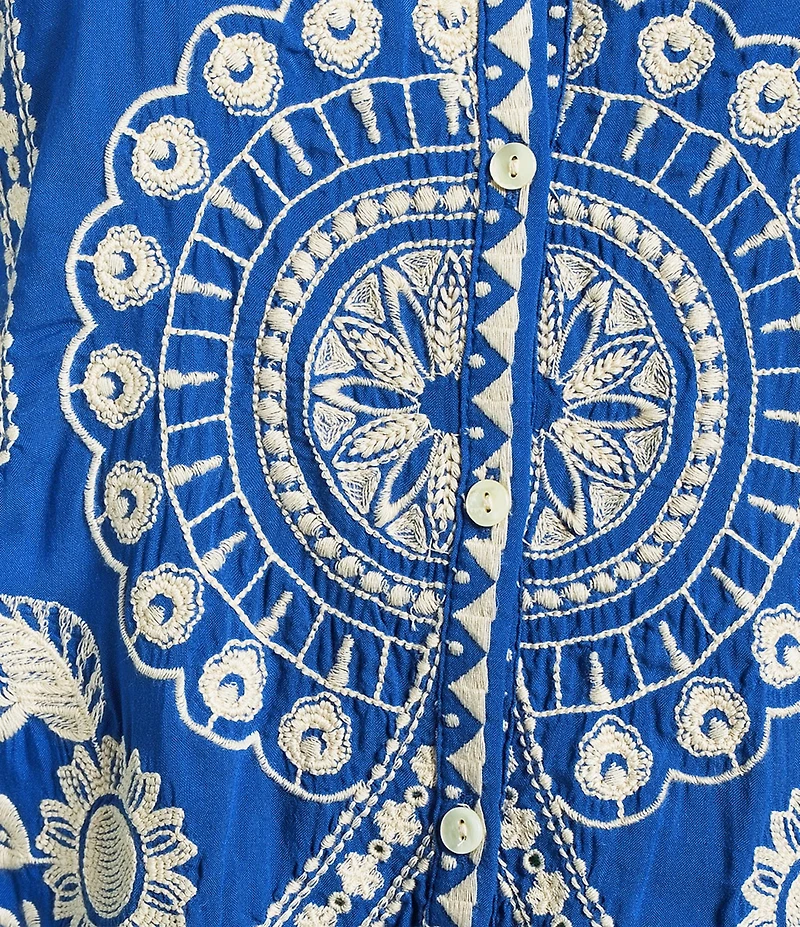 JOHNNY WAS Embroidered Floral Round Neck Long Puff Sleeve Button Front Blouse