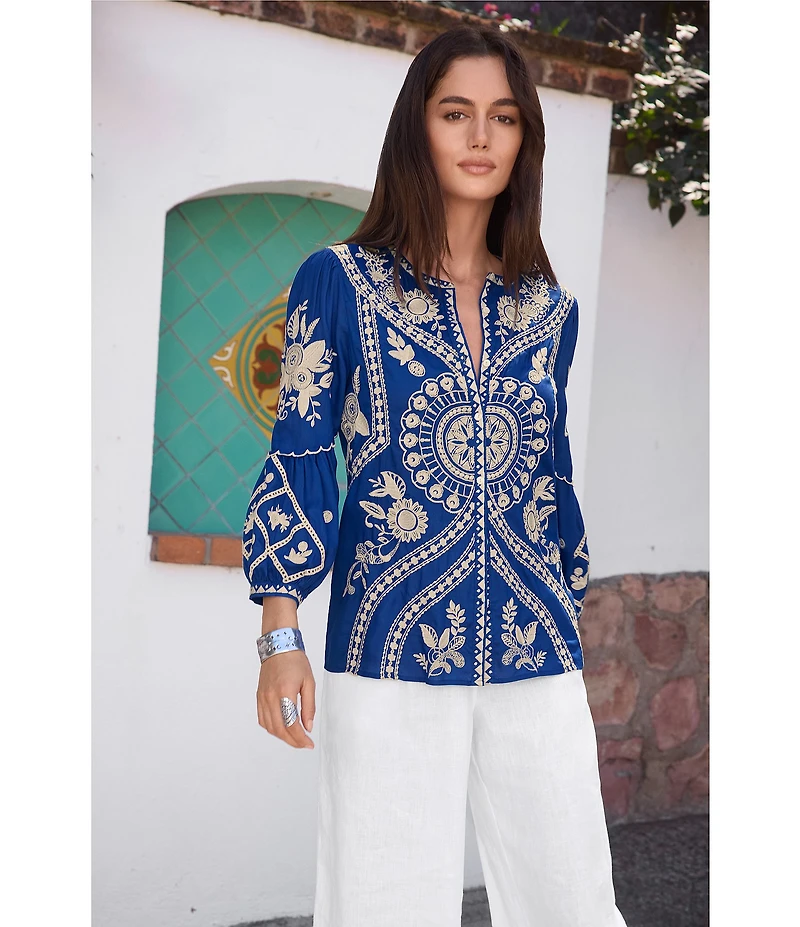 JOHNNY WAS Embroidered Floral Round Neck Long Puff Sleeve Button Front Blouse