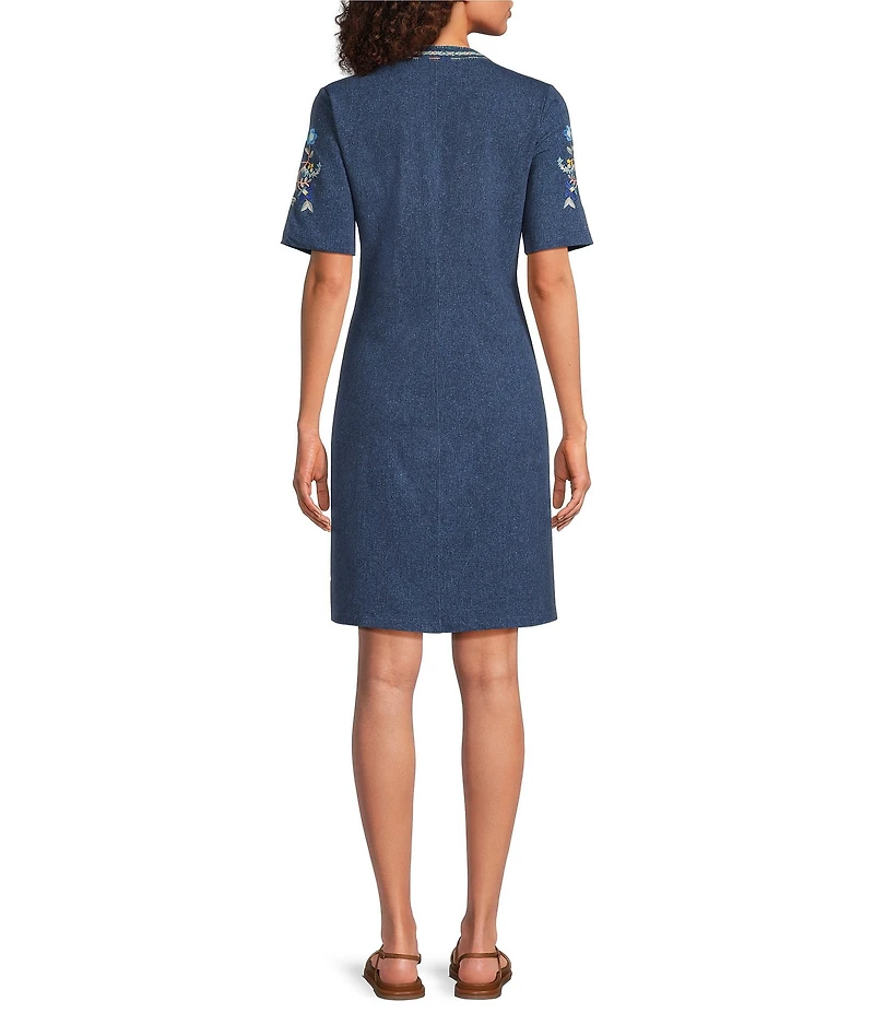 JOHNNY WAS Embroidered Floral Split V-Neck Short Sleeve Knit Shift Dress