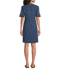 JOHNNY WAS Embroidered Floral Split V-Neck Short Sleeve Knit Shift Dress