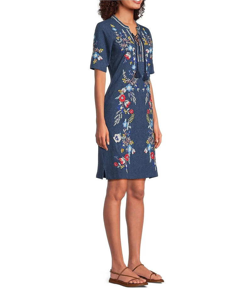 JOHNNY WAS Embroidered Floral Split V-Neck Short Sleeve Knit Shift Dress