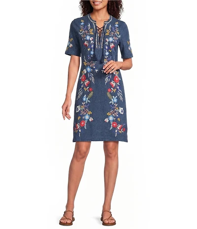 JOHNNY WAS Embroidered Floral Split V-Neck Short Sleeve Knit Shift Dress