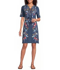 JOHNNY WAS Embroidered Floral Split V-Neck Short Sleeve Knit Shift Dress