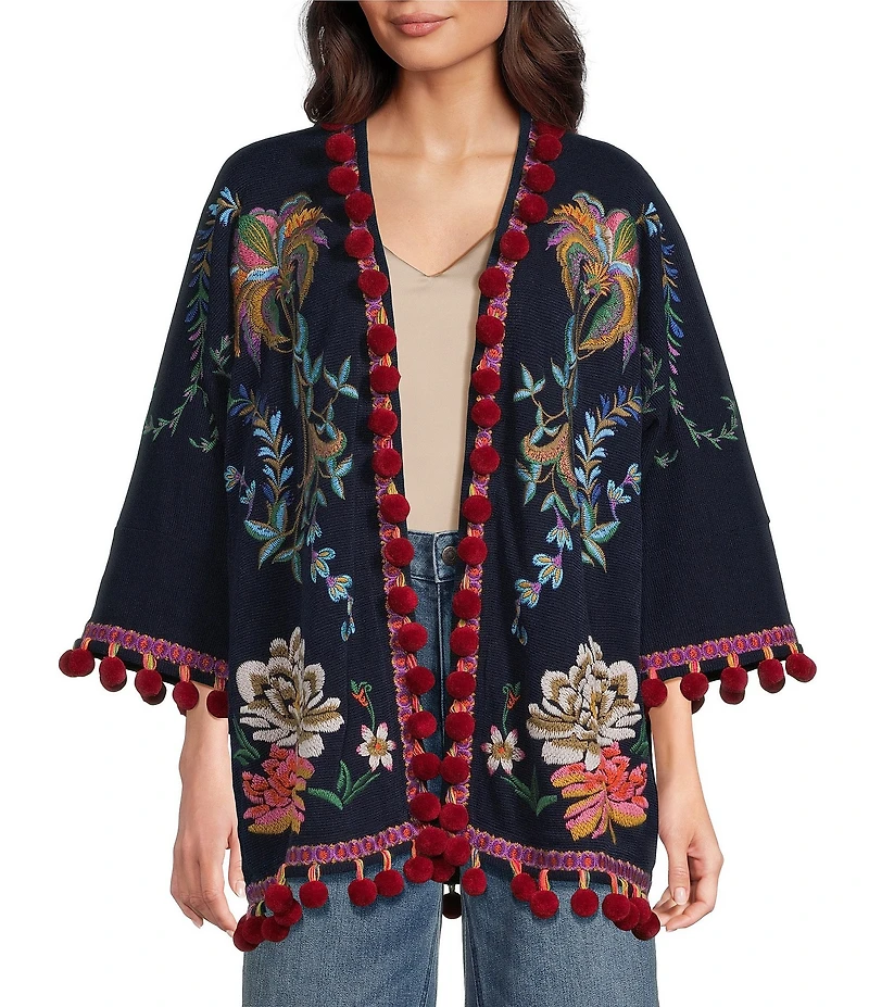 JOHNNY WAS Embroidered Open Front Long Sleeve Tassel Kimono
