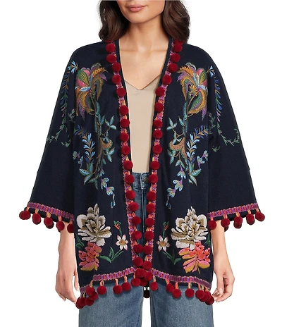 JOHNNY WAS Embroidered Open Front Long Sleeve Tassel Kimono