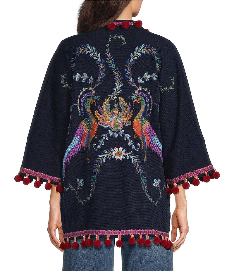 JOHNNY WAS Embroidered Open Front Long Sleeve Tassel Kimono