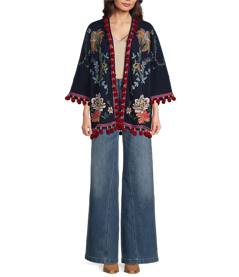 JOHNNY WAS Embroidered Open Front Long Sleeve Tassel Kimono