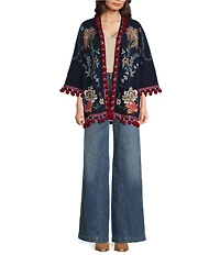 JOHNNY WAS Embroidered Open Front Long Sleeve Tassel Kimono