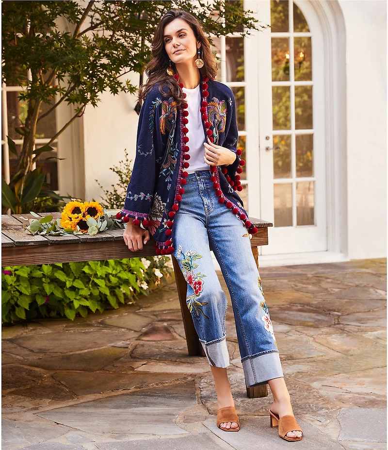 JOHNNY WAS Embroidered Open Front Long Sleeve Tassel Kimono