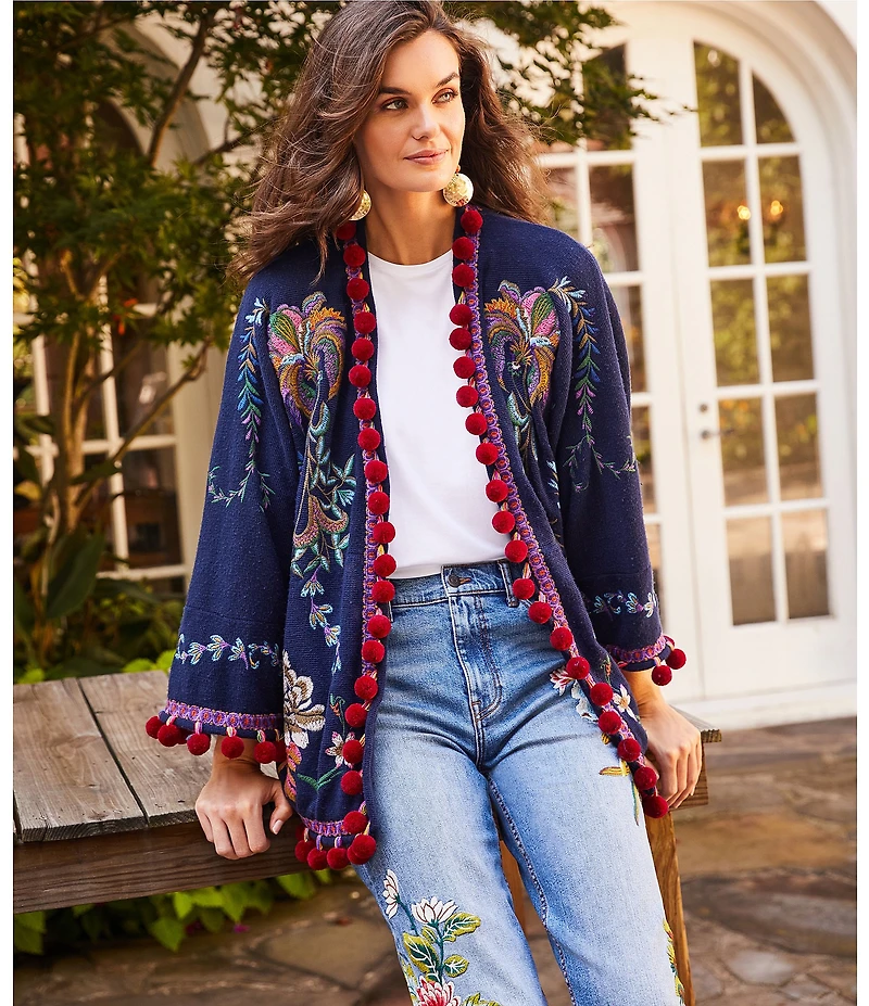 JOHNNY WAS Embroidered Open Front Long Sleeve Tassel Kimono