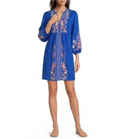 JOHNNY WAS Embroidered Yoke Split V-Neck 3/4 Puff Sleeve Shift Dress