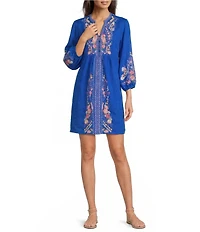 JOHNNY WAS Embroidered Yoke Split V-Neck 3/4 Puff Sleeve Shift Dress
