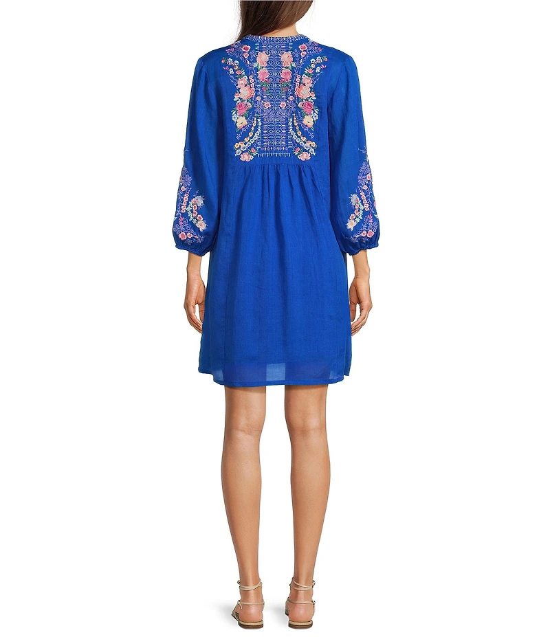 JOHNNY WAS Embroidered Yoke Split V-Neck 3/4 Puff Sleeve Shift Dress