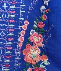 JOHNNY WAS Embroidered Yoke Split V-Neck 3/4 Puff Sleeve Shift Dress