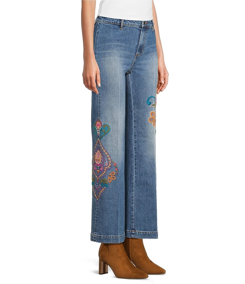 JOHNNY WAS Fabiana Embroidered Stretch Denim Wide Leg Jeans
