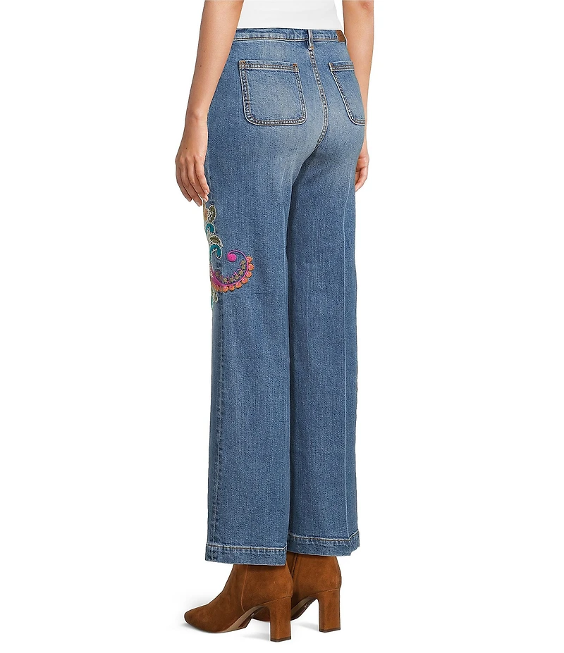 JOHNNY WAS Fabiana Embroidered Stretch Denim Wide Leg Jeans