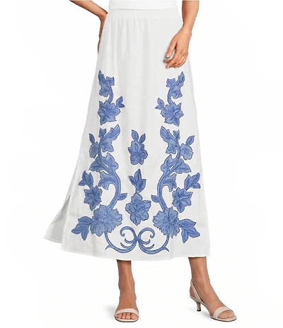 JOHNNY WAS Floral Embroidered Linen Maxi Skirt