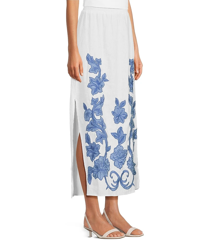 JOHNNY WAS Floral Embroidered Linen Maxi Skirt