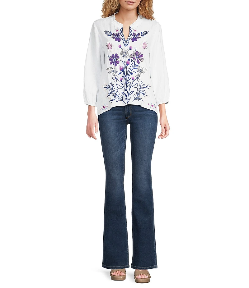 JOHNNY WAS Floral Embroidered Linen Ruffled Trim V-Neck 3/4 Sleeve Blouse