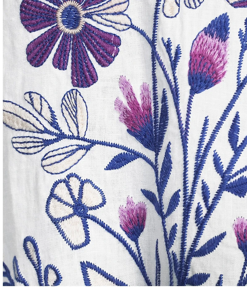 JOHNNY WAS Floral Embroidered Linen Ruffled Trim V-Neck 3/4 Sleeve Blouse