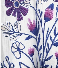 JOHNNY WAS Floral Embroidered Linen Ruffled Trim V-Neck 3/4 Sleeve Blouse