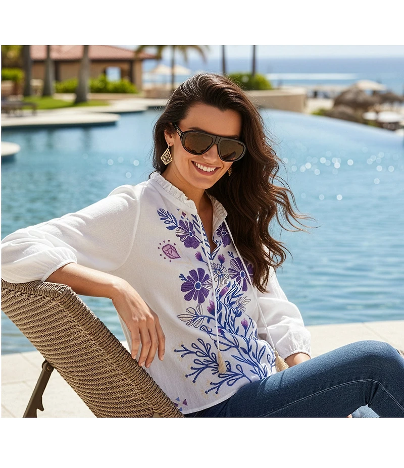 JOHNNY WAS Floral Embroidered Linen Ruffled Trim V-Neck 3/4 Sleeve Blouse