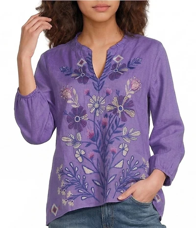 JOHNNY WAS Floral Embroidered Linen Ruffled Trim V-Neck 3/4 Sleeve Blouse