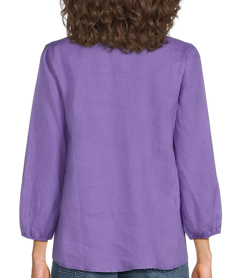 JOHNNY WAS Floral Embroidered Linen Ruffled Trim V-Neck 3/4 Sleeve Blouse