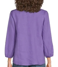 JOHNNY WAS Floral Embroidered Linen Ruffled Trim V-Neck 3/4 Sleeve Blouse