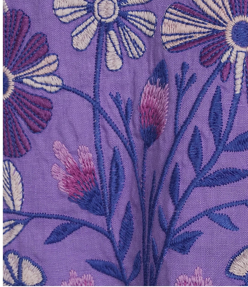 JOHNNY WAS Floral Embroidered Linen Ruffled Trim V-Neck 3/4 Sleeve Blouse