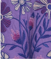 JOHNNY WAS Floral Embroidered Linen Ruffled Trim V-Neck 3/4 Sleeve Blouse