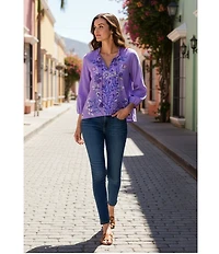 JOHNNY WAS Floral Embroidered Linen Ruffled Trim V-Neck 3/4 Sleeve Blouse
