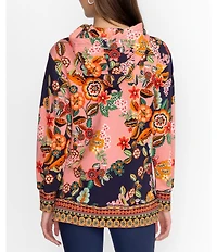 JOHNNY WAS Floral Print Cotton Stretch Knit Long Sleeve Tassel Detail Hoodie