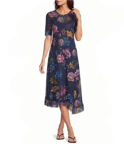 JOHNNY WAS Floral Print Mesh Crew Neck Short Sleeve Asymmetric Hem Midi Dress