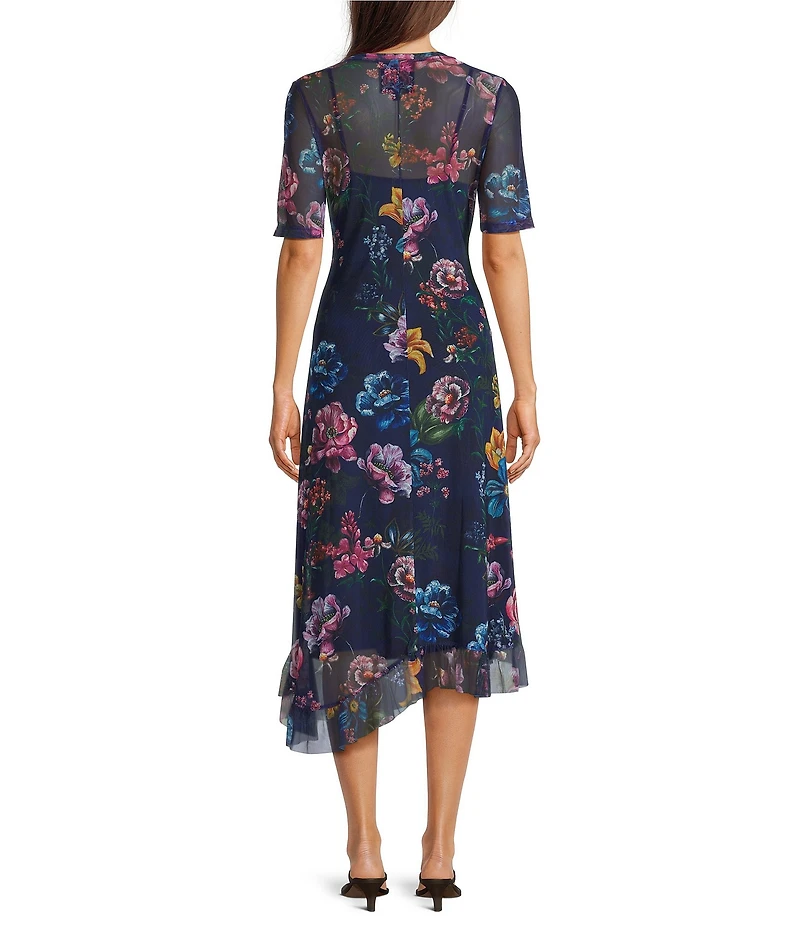 JOHNNY WAS Floral Print Mesh Crew Neck Short Sleeve Asymmetric Hem Midi Dress
