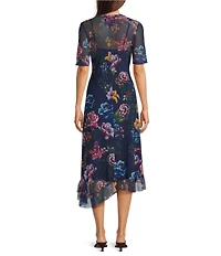 JOHNNY WAS Floral Print Mesh Crew Neck Short Sleeve Asymmetric Hem Midi Dress